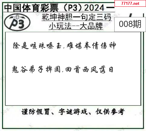 排列三第25年008期[开小门]图谜